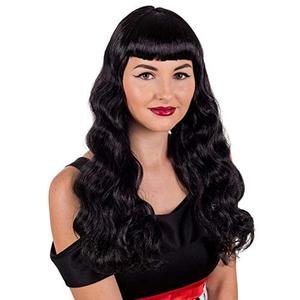 Womens 1950s Wig Retro Rock n Roll Vintage Long Black Wavy Hair Accessory One Size