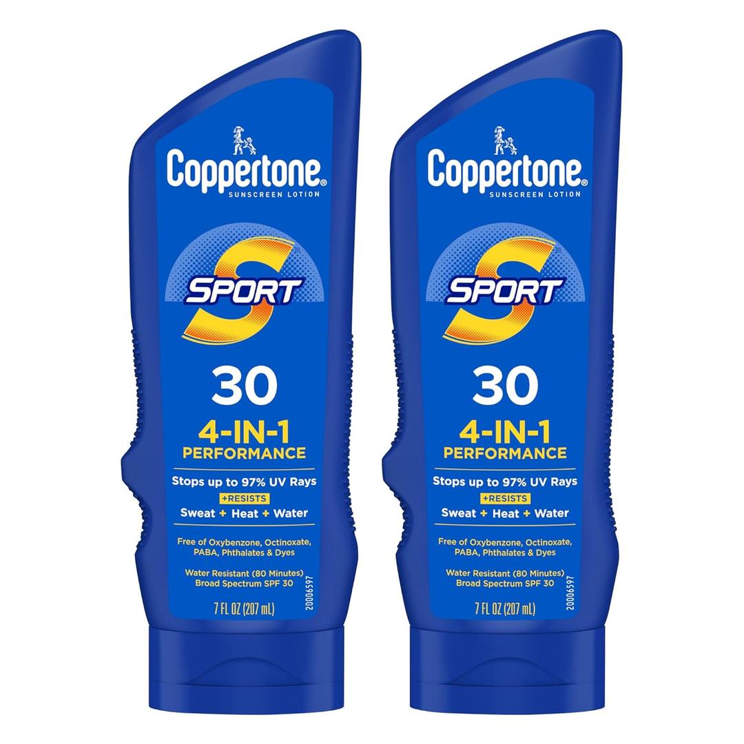 Coppertone Sport Sunscreen Lotion SPF 30, Sweat, Heat and Water Resistant Sunblock, Lightweight, Oxybenzone Free, Sunscreen Twin Pack, 7 Fl Oz Bottle, Pack of 2