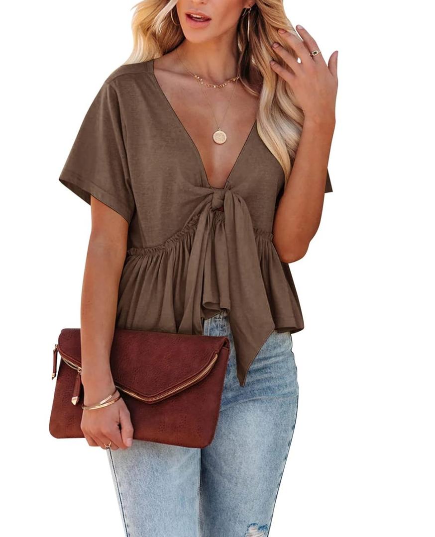 Fanway&EC Women's Short Sleeve V Neck Blouses Ruffle Hem Tie Front Crop Tops Lightweight Basic Summer Tops, XL