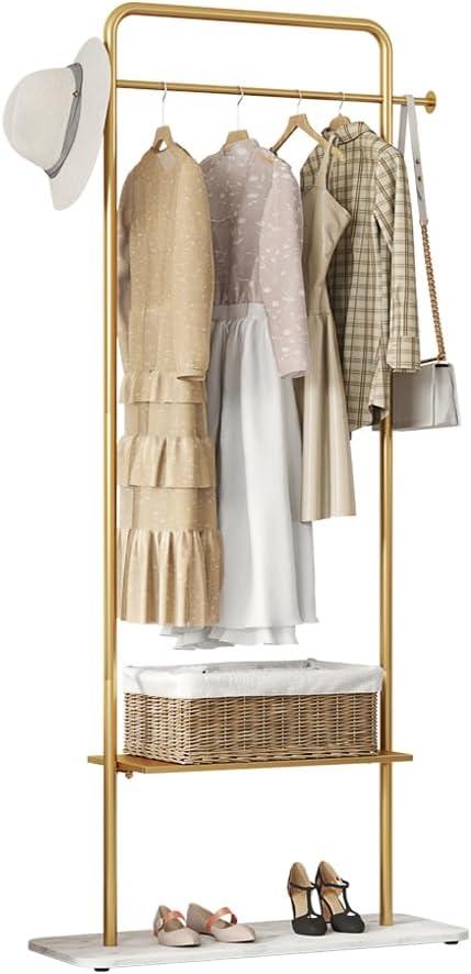 Gold Clothing Rack with Shelves, Coat Racks Freestanding with Marble Base, Clothing Rack for Hanging Clothes, Gold Garment Rack for Boutiques, Bedroom (2 tier, 31.5")