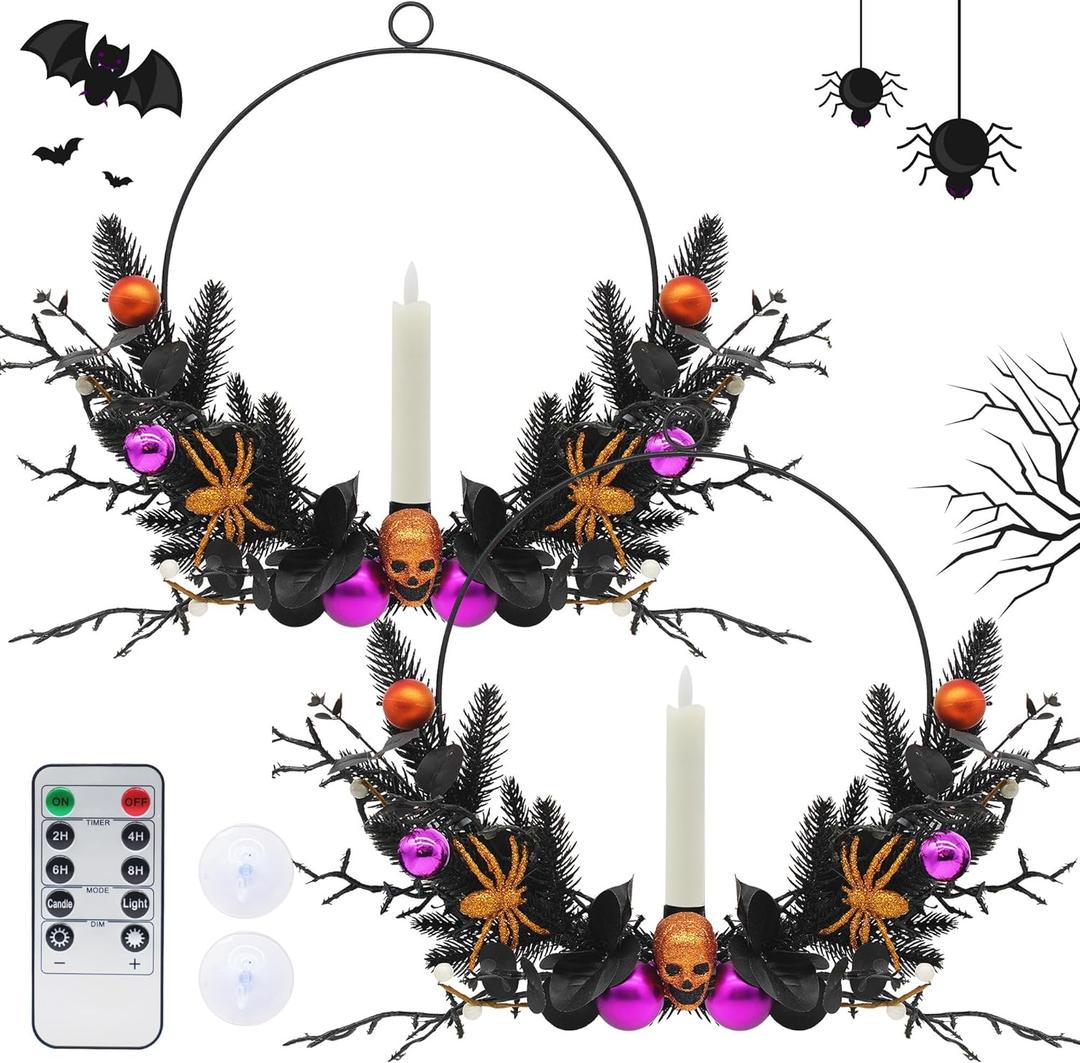2 Pcs Halloween Wreath for Front Door Window: 18" Skull Wreath with LED Taper Candles, Horror Decorations for Indoor Outdoor Home Halloween Festival