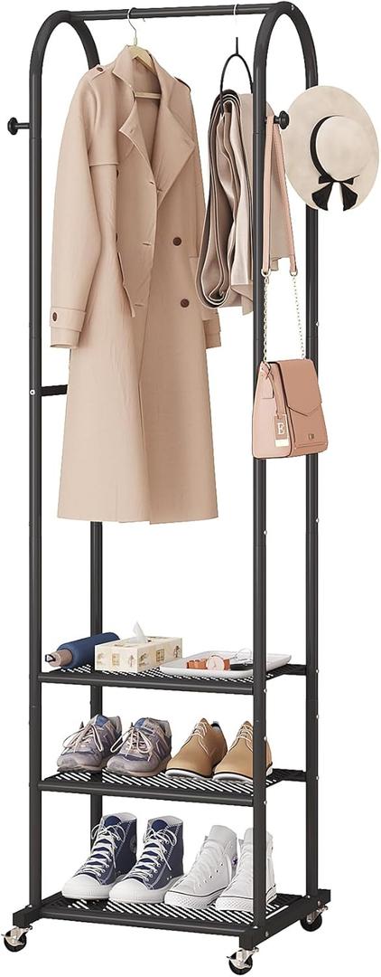 Hall Tree with Wheels and Hanging Hooks,Heavy-Duty Metal Coat Rack with Shoe Shelves,3-in-1 Narrow Entryway Storage for Small Space,Suitable for Hallway,Bedroom and Bathroom,Black