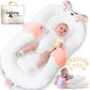 Baby Lounger - Baby Lounger w/Adjustable Side Panels, Infant Lounger for 0-12 Months - Foldable Infant Lounge, Newborn Lounger w/ 12 Milestone Circles - Pink