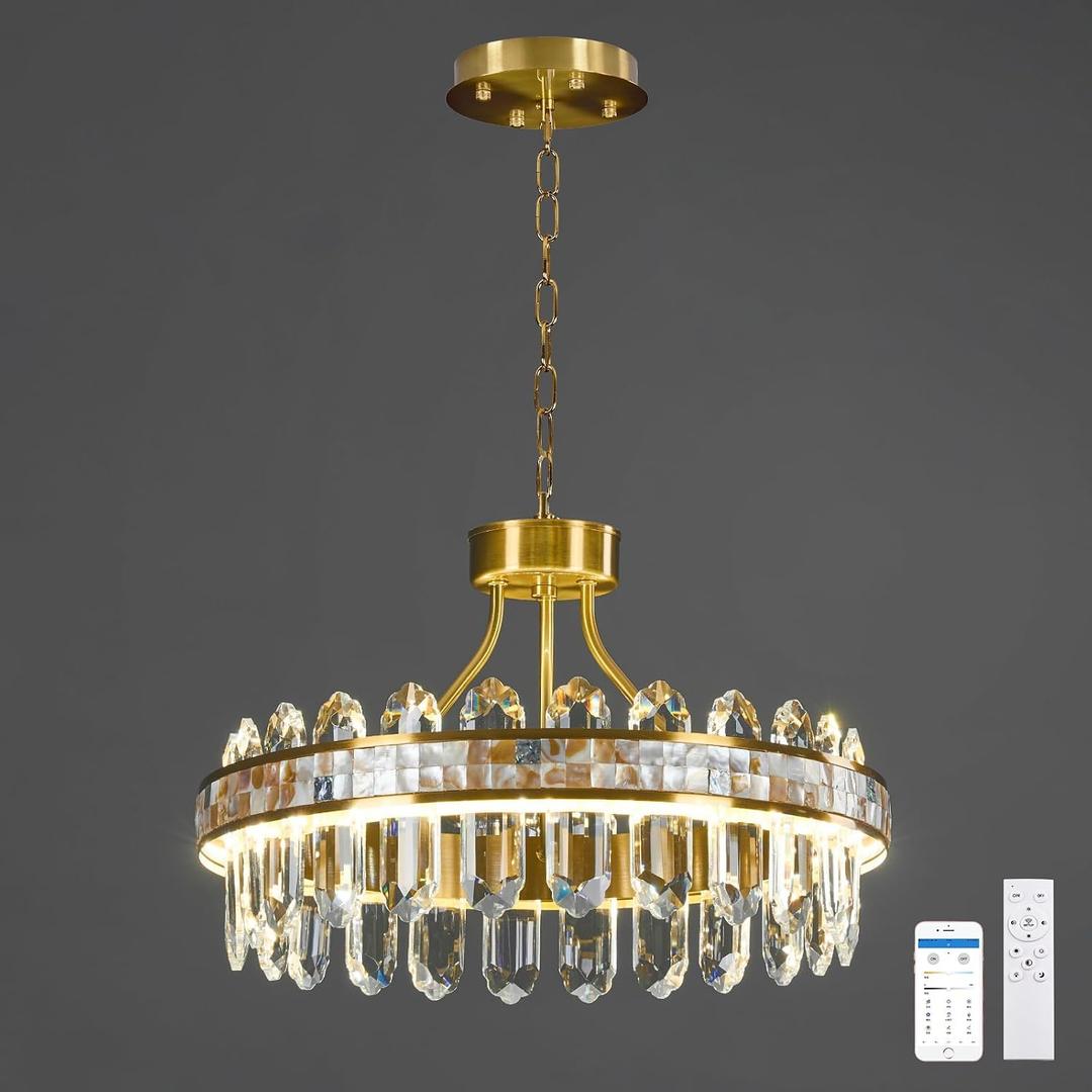Gold Modern Round LED Crystal Chandelier - 17.7" Luxury 3 Colors Stepless Dimmable Chandeliers for Dining Room,Adjustable Height Ceiling Light Fixture for Kitchen Island Bathroom With Remote Control