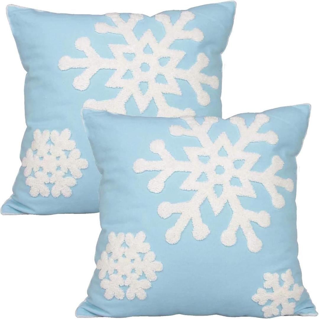 Elife Soft Square Christmas Snowflake Home Decorative Canvas Cotton Embroidery Throw Pillow Covers 18x18 Cushion Covers Pillowcases for Sofa Bed Chair (1 Pair, Sky Blue)
