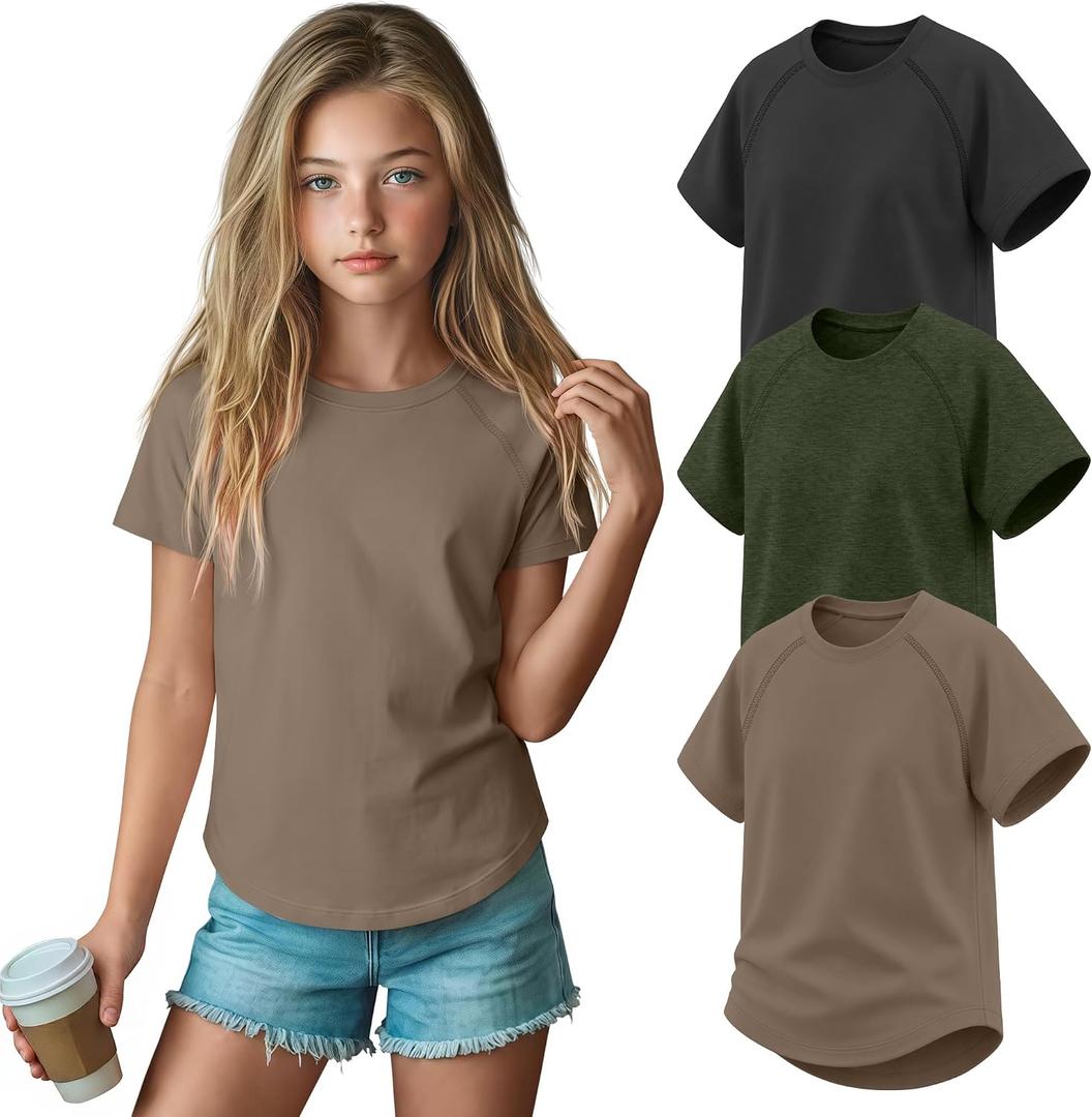 3 Pack Girls' Short Sleeve T-Shirts Loose Fit Crew Neck Tops Raglan Curve Hem Shirts Casual Kids Basic Tees 5-14Y
