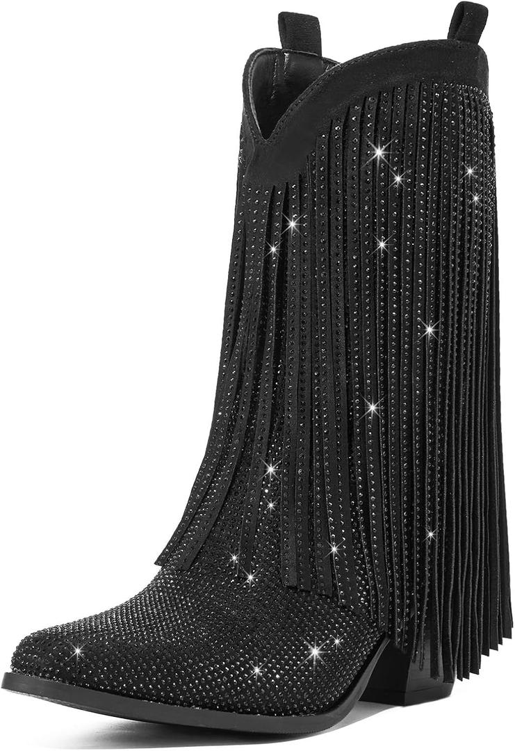 Rollda Rhinestone Cowboy Boots for Women, Sparkly Cowgirl Boots with Pointed Toe, Fringe Womens Western Boots Chunky Heel for Concert Dancing Party Music Festivals, 7.5
