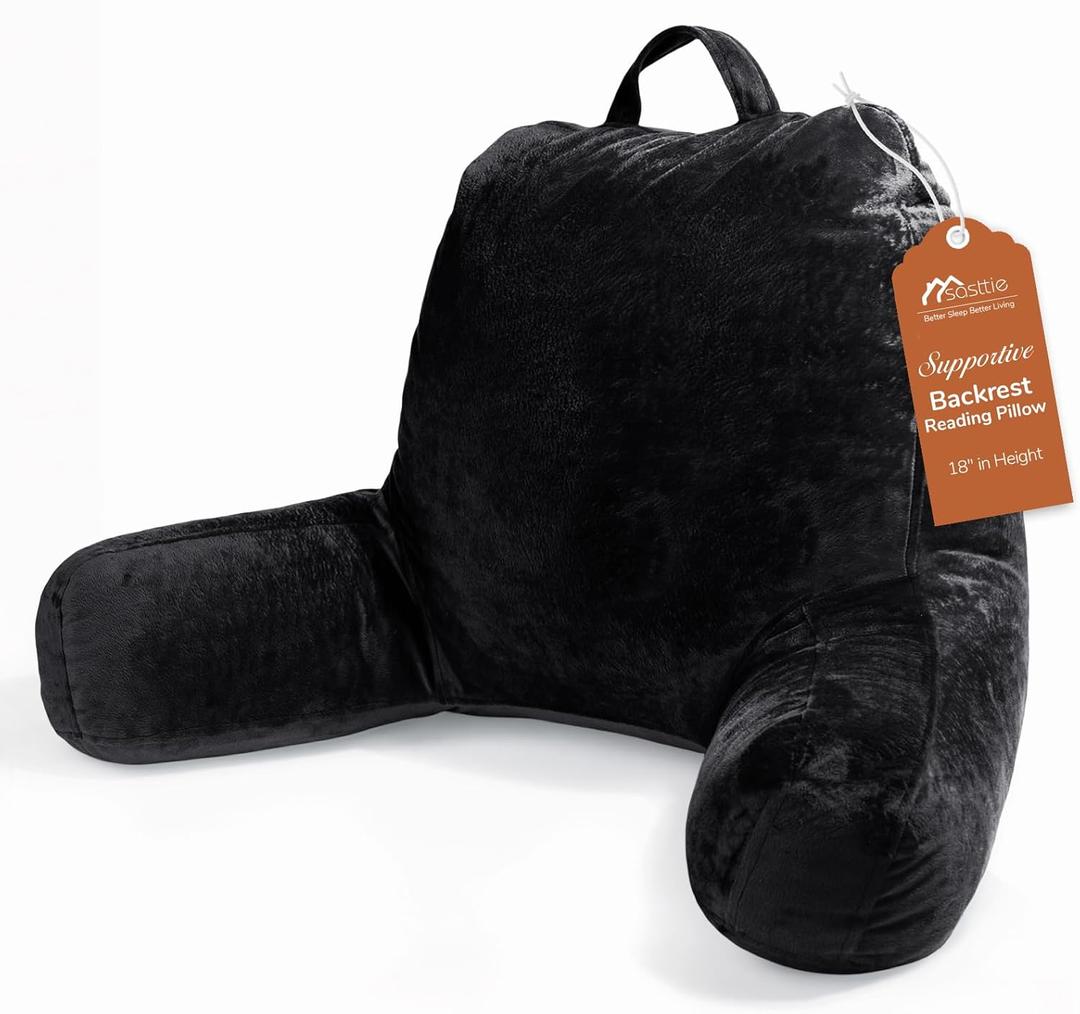 Sasttie Reading Pillow, Velvet Back Pillow for Bed Sitting Up, Adult Back-Rest Support Cushion with Arms for Sit Up on Couch, Sofa, and Floor, Dorm Essentials, Reading Accessories, Black (Standard (18-Inch))