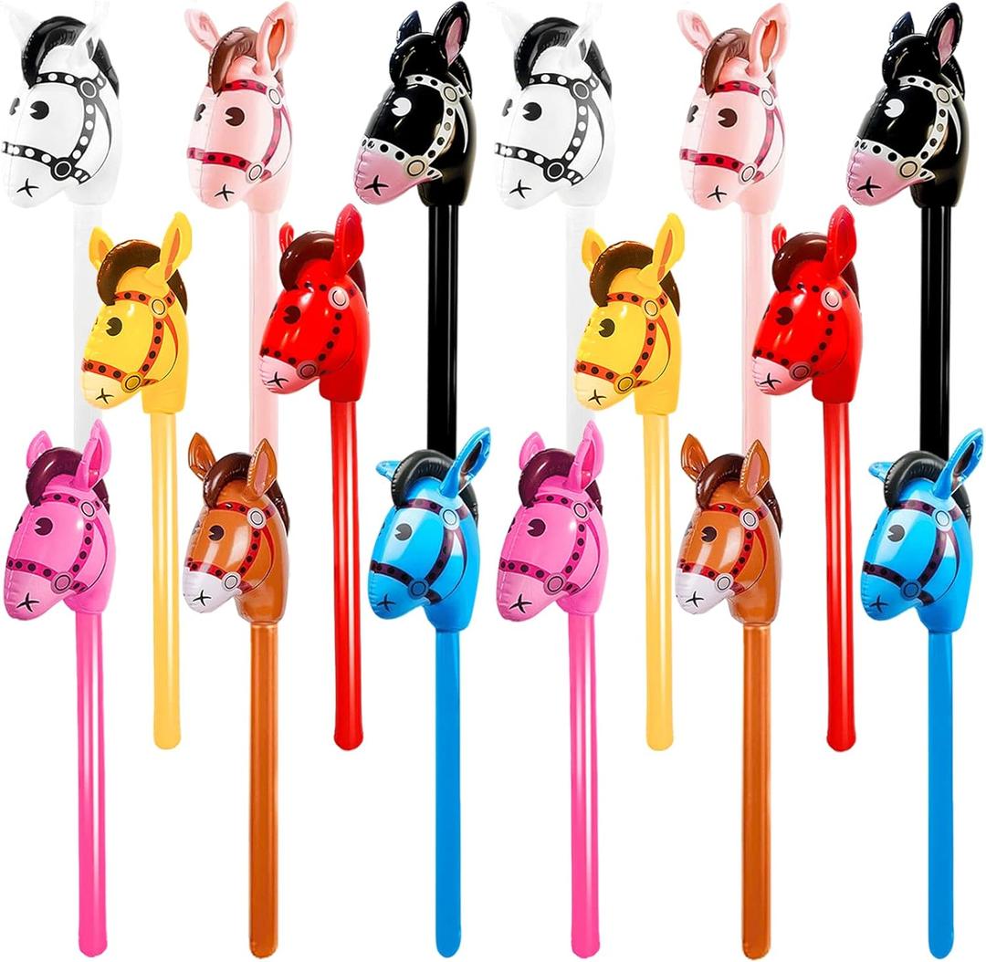 16 Pack 40 Inch Inflatable Stick Horse Bulk Children Blow Up Pony Stick Balloon Inflatable Horsehead Stick for Kids Birthday