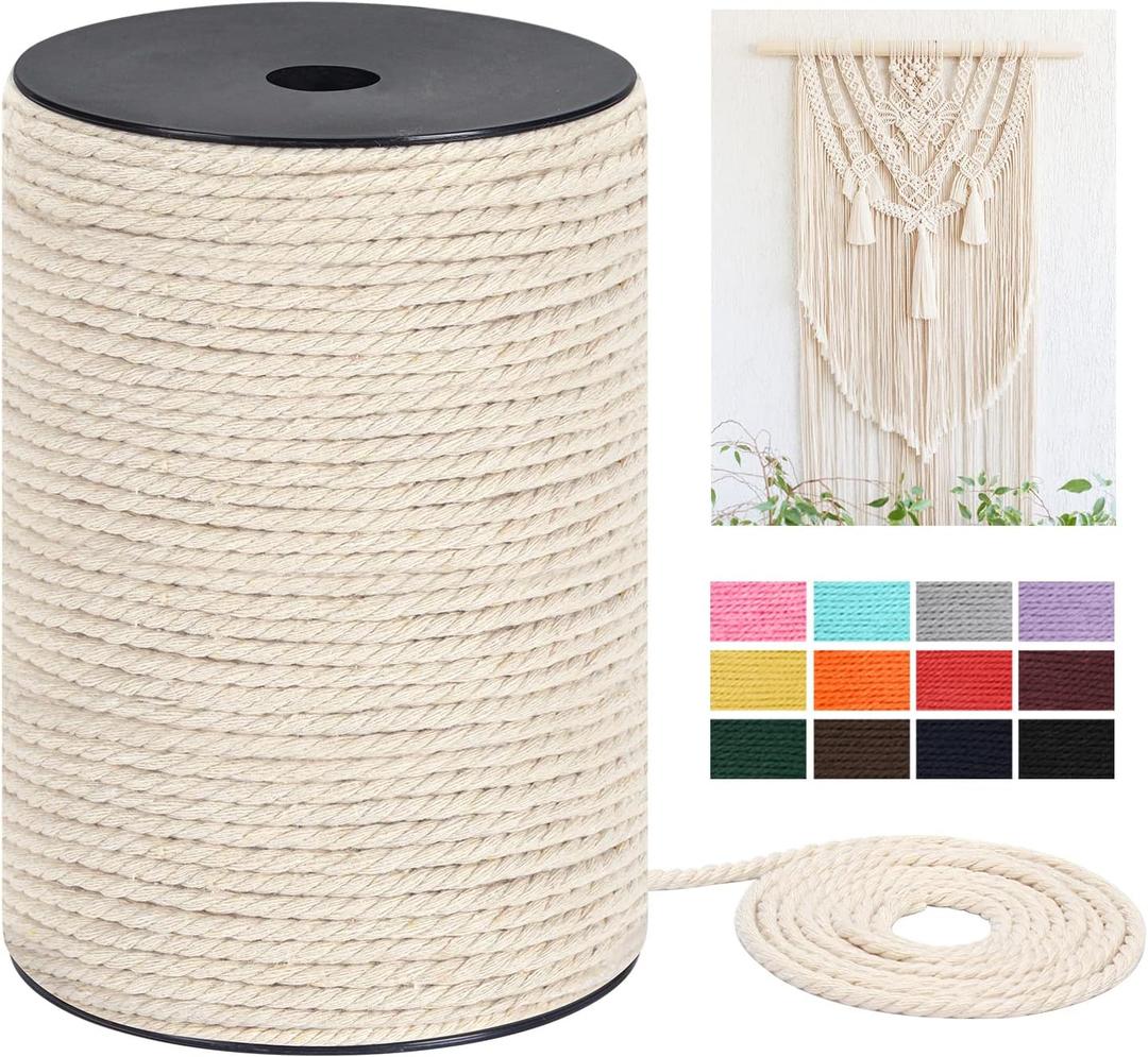 Macrame Cord 4mm x 240Yards720Feet, Natural Cotton Macrame Rope - 3 Strands Twisted Macrame Cotton Cord for Wall Hanging, Plant Hangers, Crafts, Gift Wrapping and Wedding Decorations