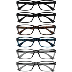 OPULIZE PEP Classic Reading Glasses for Women Men, Scratch Resistant Rectangular Frame with Spring Hinges, Black, Brown, Blue, Grey, +1 (Pack of 6)