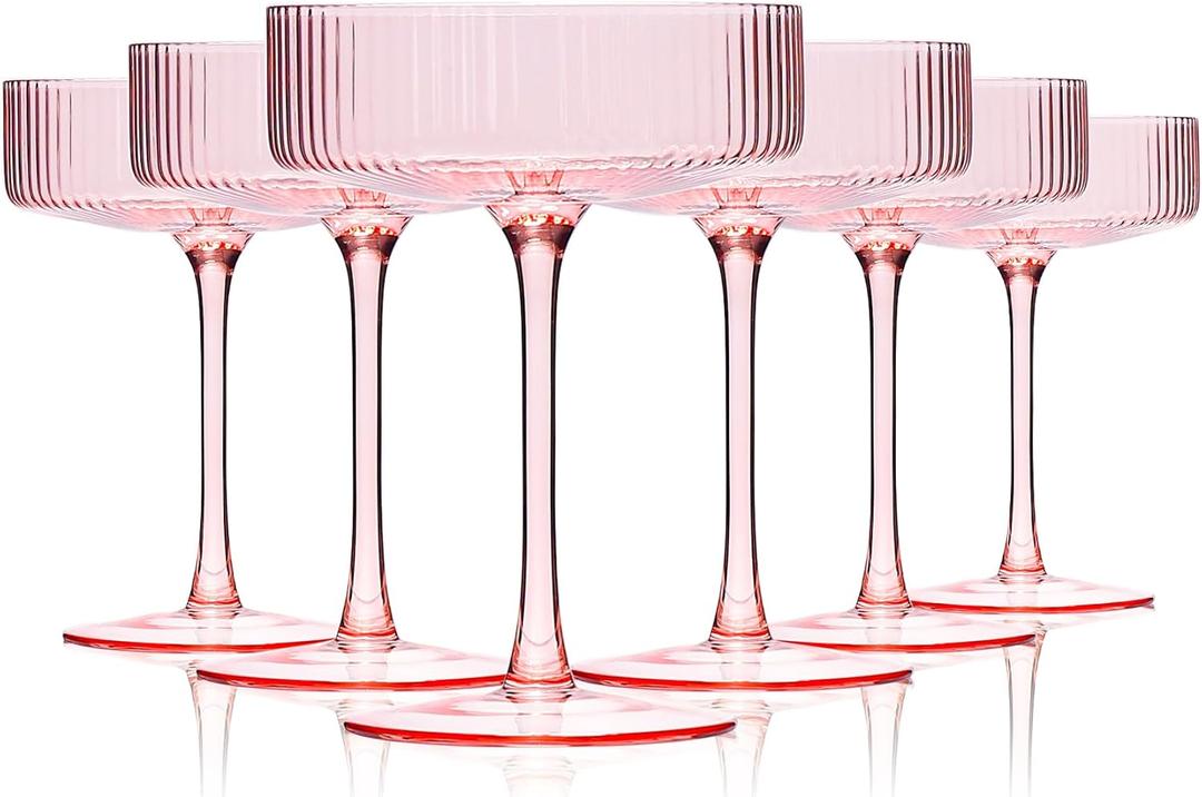 9 oz Pink Art Deco Coupe Glasses Set of 6 Vintage Ribbed Cocktail Glasses
