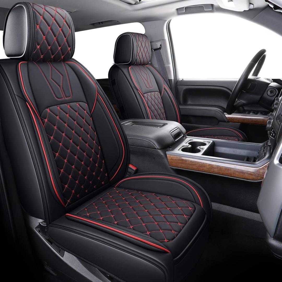 YIERTAI Car Seat Covers Compatible with Chevy Chevrolet Silverado GMC Sierra Custom fit for 2007-2025 1500 2500 3500 HD Crew Cab Trail Boss Pickup with Waterproof Leather, Full Set, Black-Red