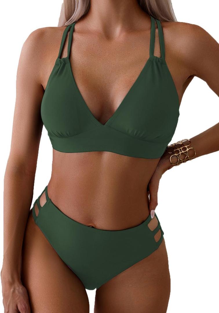 Tainehs Women's Push Up V Neck Bikini Sets Criss Cross Back Two Piece Bathing Suit (Medium, Army Green)
