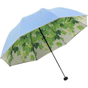 Green Tree Leaf Folding Travel Sun Umbrella Sunblock UV Protection UPF 50+ Rain Resistant Compact Size Parasol Fold into Purse