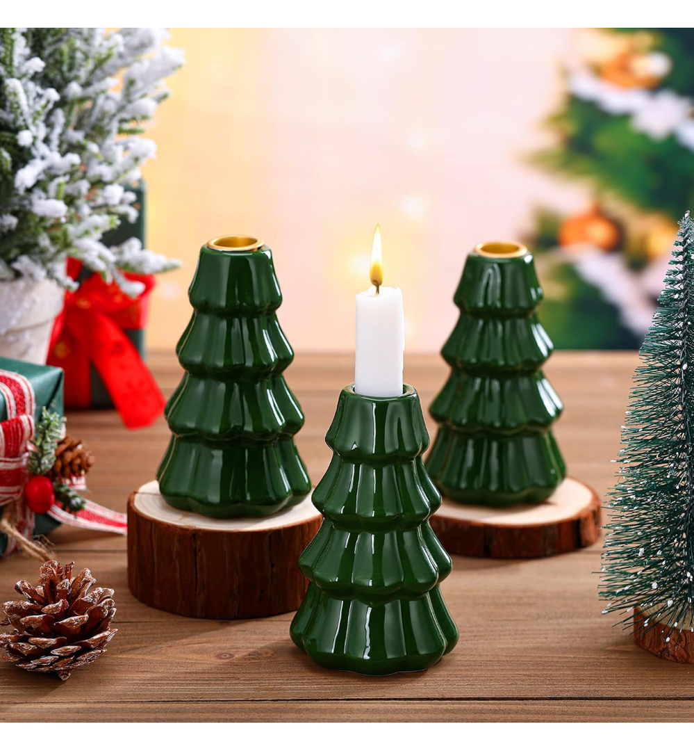 Mumufy 3 Pcs Ceramic Christmas Tree Candle Holder Decor Green Christmas Tree Tabletop Decoration Vintage Decorative Porcelain Taper Candlestick for Winter Holiday Farmhouse Fireplace Centerpiece Decor