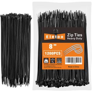 8 Inch Black Zip Ties (1200 Pack), 35 LBS Tensile Strength, Self-Locking Nylon PA66 UV Resistant Cable Ties for Indoor and Outdoor Use
