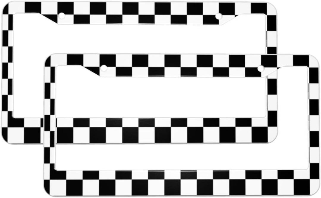 Black White Checkered Flag Racing Flag Aluminum Car License Plate Frame Auto Tag Holder with Accessories US Vehicles Standard 2 Holes (C221) (C221(2PCS))