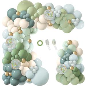 150Pcs Dusty Blue Green Balloon Garland Arch Kit, Ash Mist Green Haze Fog Blue Sand White Gold Balloons for Baby Shower Jungle Safari Woodland Wild One Bridal Birthday Party Decorations