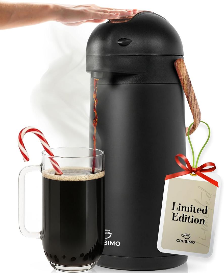 Thermal Coffee Carafe 102Oz w/ Wood Trim, Keeps Coffee Hot for 12Hrs & Cold for 36Hrs-Premium Stainless Steel Carafe for Hot Liquids, Easy One-Handed Dispensing for Office, Home, Party, Durable Airpot