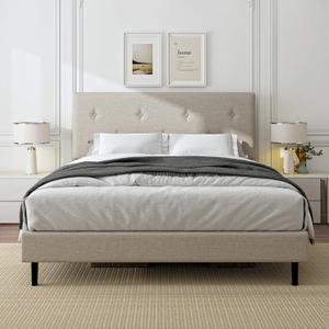 Full Size Linen Bed Frame, Upholstered Platform Bed Frame with Adjustable Headboard, Wooden Slats Support, No Box Spring Needed, Easy Assembly, Beige