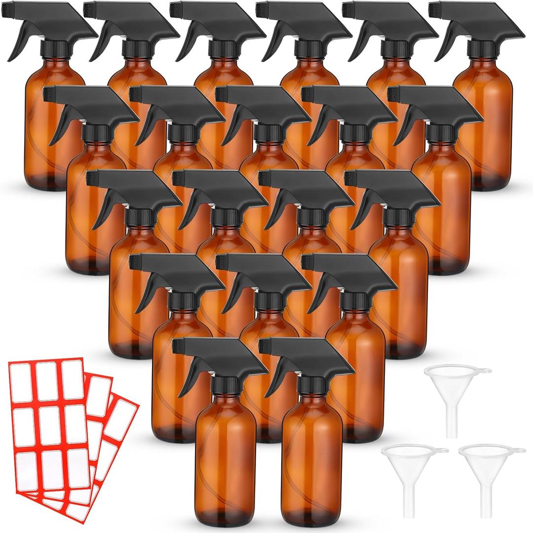 Norme 24 Pcs Glass Spray Bottles with Funnels and Labels 8 oz Refillable Cosmetic Empty Spray Containers with Trigger Squirt Containers for Essential Oil Cleaning Solutions(Brown)