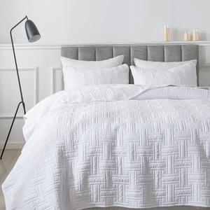 R.SHARE White Quilt King Size Bedding Sets with Pillow Shams, Lightweight Soft Bedspread Coverlet, Basket Weave Quilted Blanket Thin Comforter Bed Cover for All Season, 3 Pieces, 104x90 inches