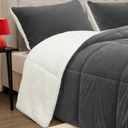 SunNewt Fluffy Sherpa Queen Comforter Set 3 Pieces,Thick Reversible Down Alternative Fleece Comforter & 2 Pillow Shams,Soft Micromink Winter Warm Plush Bedding Comforter Sets Washable(Charcoal,Queen)