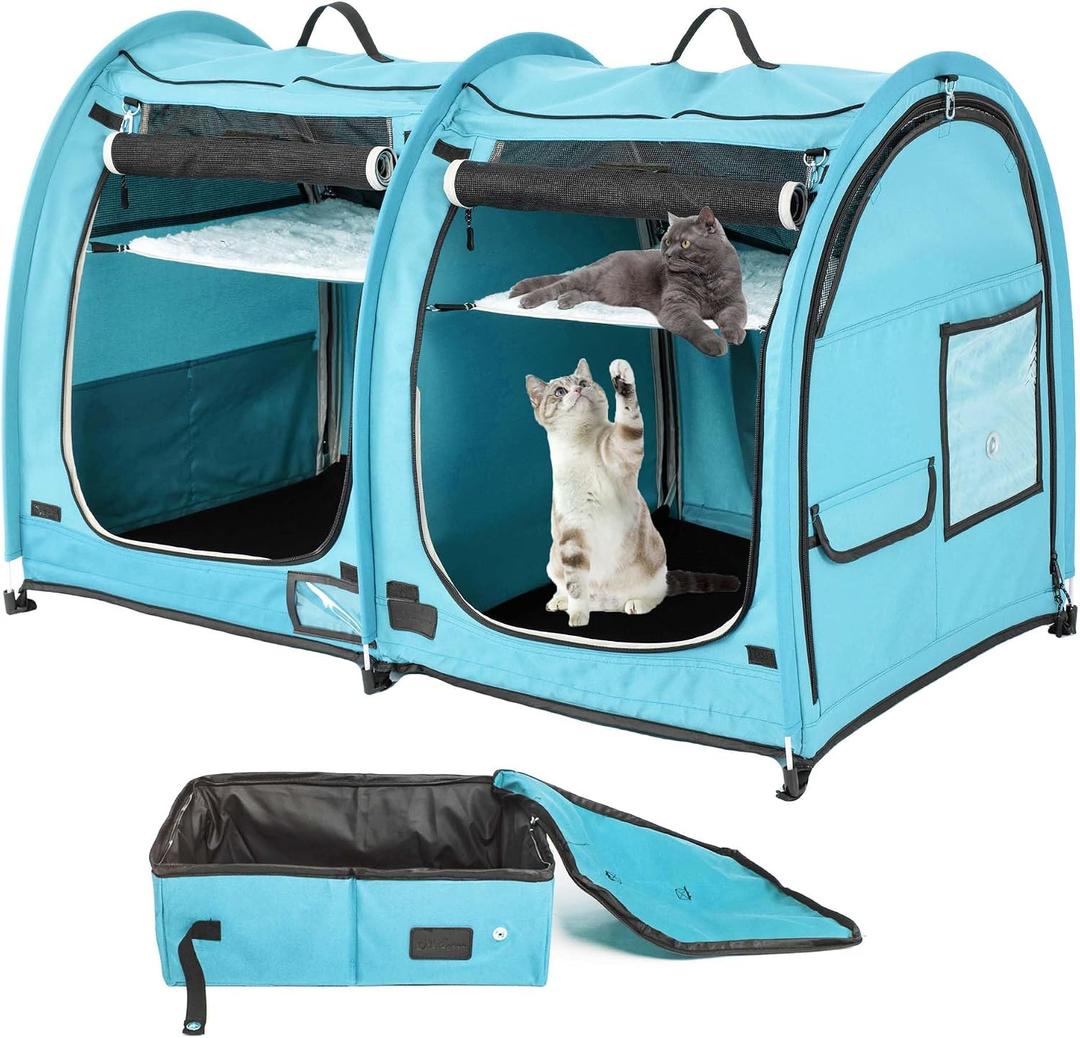 Mispace Portable Twin Compartment Show House Cat Cage/Condo - Easy to Fold & Carry Kennel - Comfy Puppy Home & Dog Travel Crate with Portable Carry Bag/Two Hammocks/Mats and Collapsible Litter Box