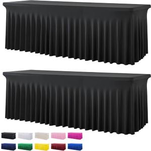 2 Pack Black Spandex Tablecloth for 8 Foot Rectangle Tables, Wrinkle Free Fitted Table Cloths 8ft Stretchy Table Clothes Cover Desk Skirt for Parties Weddings Birthday Banquet Baby Shower