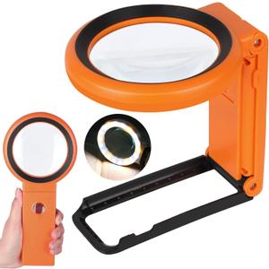 Magnifying Glass with Light and Stand, Foldable Handheld Magnifying Glass 18 LED Illuminated Lighted Magnifier for Macular Degeneration, Seniors Reading, Close Work, Coins, Jewelry Orange