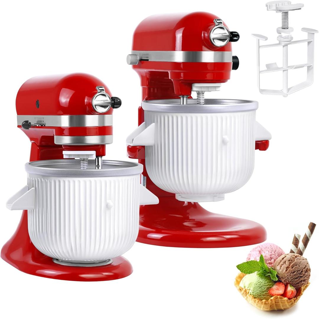 Ice Cream Maker Attachment for KitchenAid Mixers, Fits KitchenAid 4.5/5QT & 6QT Stand Mixers, Frozen Ice Cream & Sorbet Gelato Maker for KitchenAid, 2 Quart, White(Machine/Mixer Not Included)