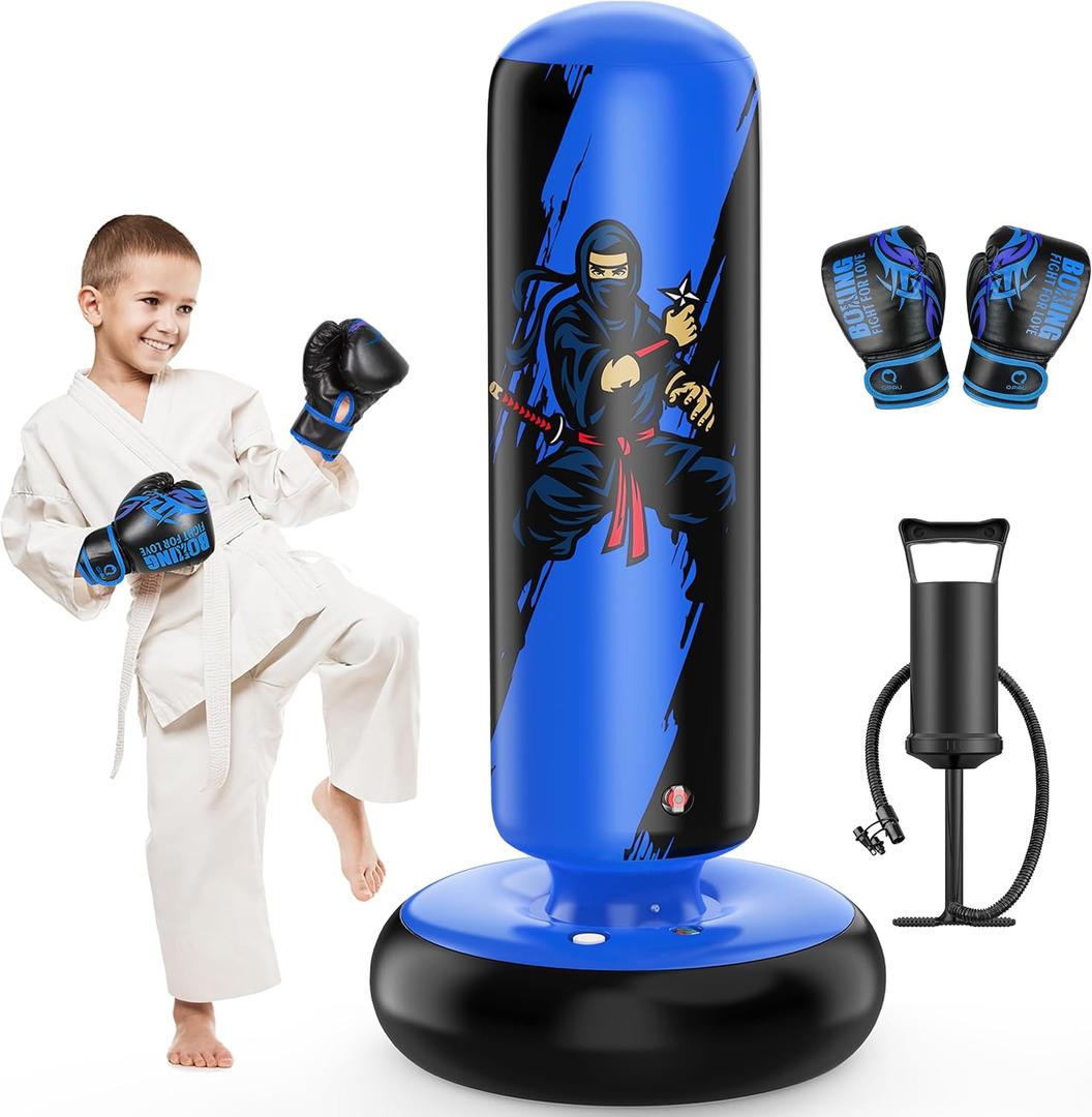 QPAU Punching Bag for Kids, 66 Inch Stable Inflatable Boxing Bag with Boxing Gloves, Stand Kids Punching Bag Toy for Boys & Girls Age 6-12, Boxing Set for Practicing Karate, Taekwondo, MMA (Blue)