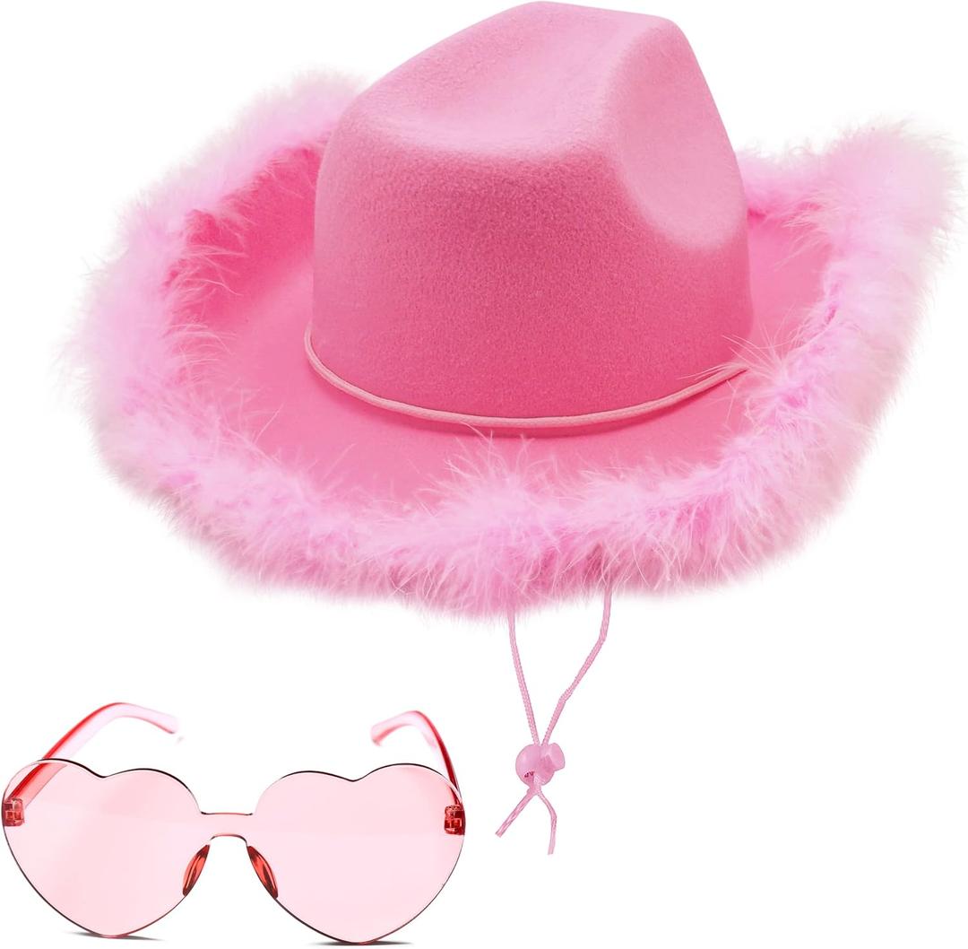 4E's Novelty Cowboy Hat with feathers With Heart Shaped Sunglasses for Women, Felt Cowgirl Hat for Party Costume Dress Up (Pink)