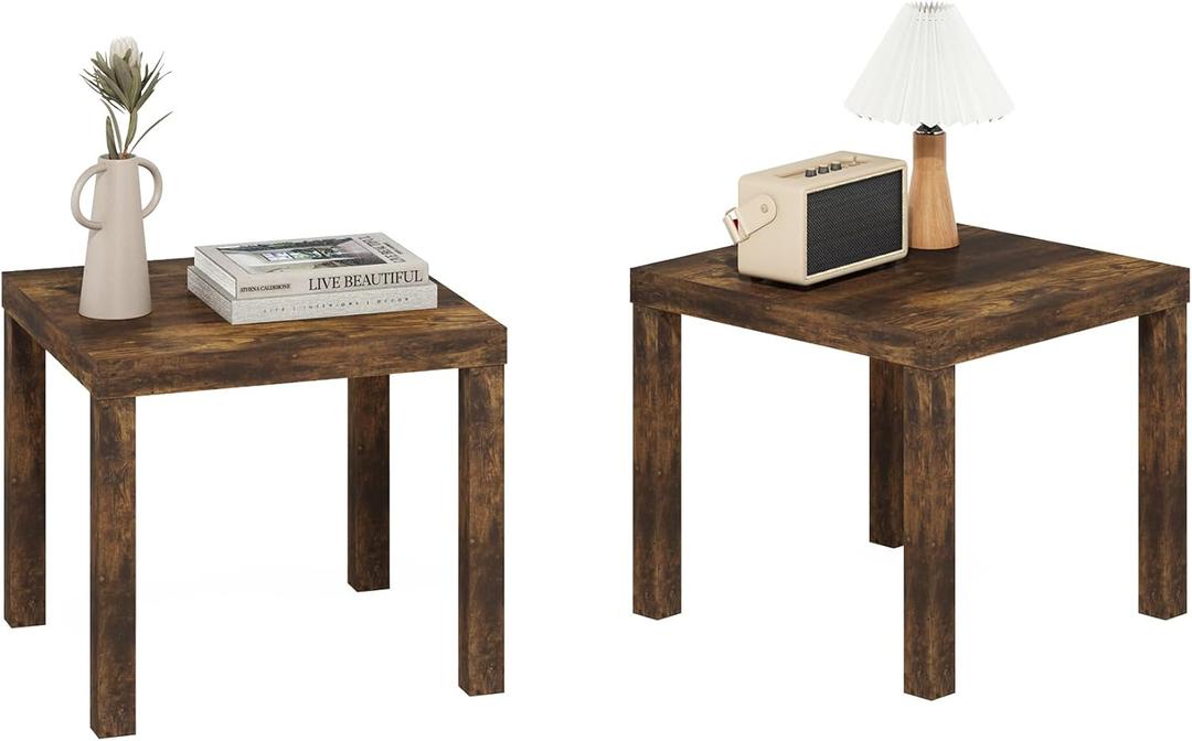 Furinno Classic Side Table Set of 2, Square End Table with 1.8 Thick Tabletop, Night Stand, Bedside Table, for Living Room, Bedroom, Amber Pine