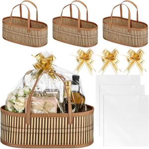 Woven Baskets for Gifts Empty Large Bamboo Gift Baskets with Handle Cellophane Wrap Bag and Pull Flower Ribbon Sturdy Foldable Gift Packages for Birthday Wedding Favor Wrapping