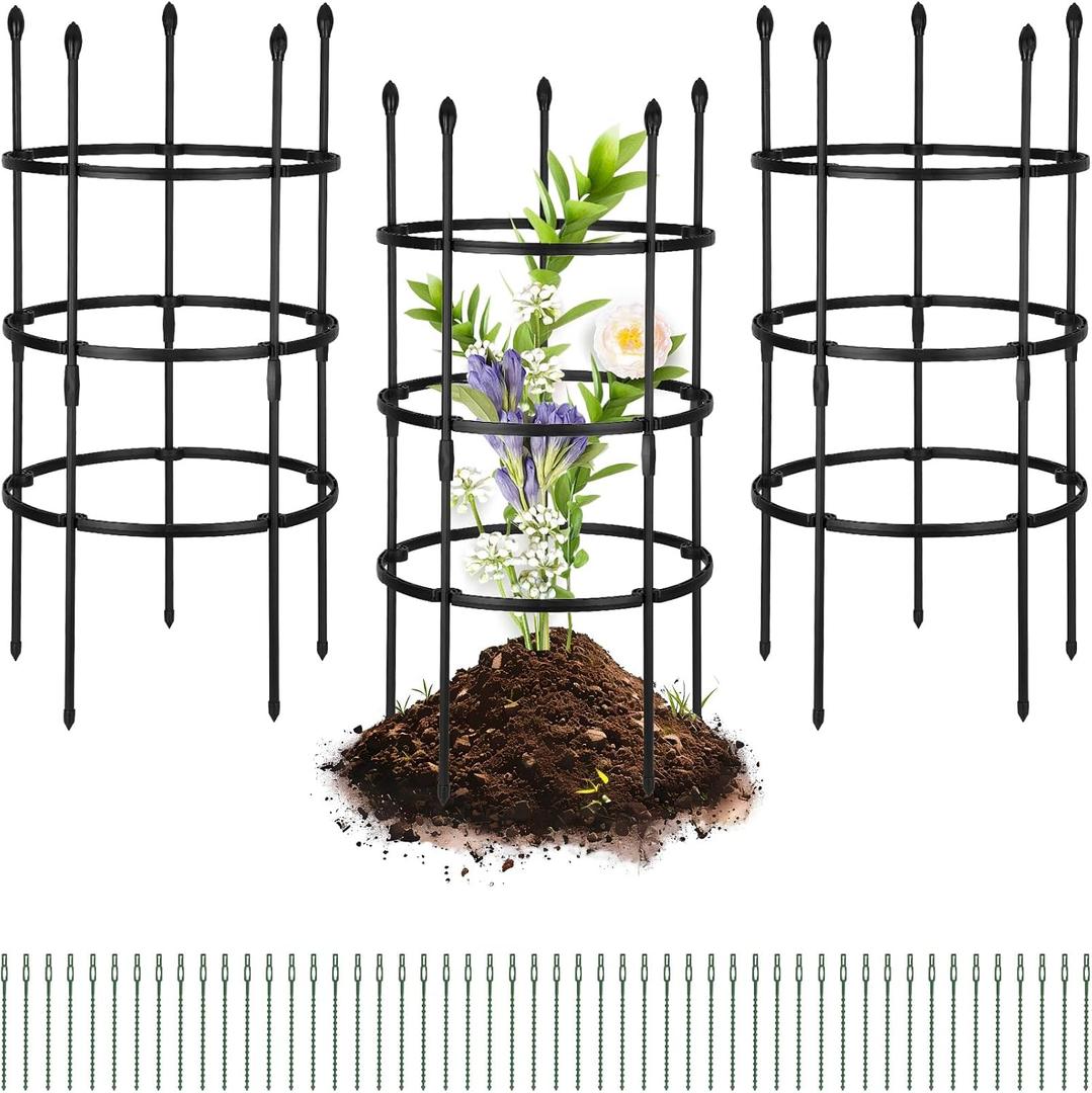 3-Plant Support, 19.6 inches in Diameter × 39 inches high; Plant Support for Peonies; Stackable Metal core Poles with PVC Coating; Garden Support Frames for Plants Such as Tomatoes and Peonies