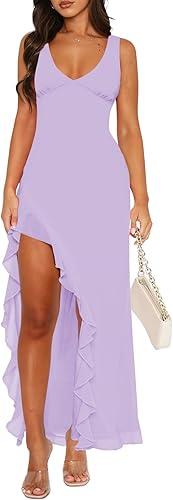 Women Sleeveless Sexy V Neck Bodycon Mini Dress Summer Side Slit Mesh Irregular Ruffle Hem Backless Short Dress M/S