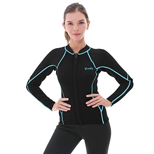 GoldFin Womens Wetsuit Top, 2mm Neoprene Wetsuit Jacket Long Sleeve Front Zip Wetsuit Shirt for Swimming Water Aerobics Diving Surfing Kayaking (Update Black/ Aqua Stripes, XL)
