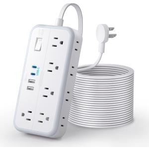Flat Extension Cord 25 FT, NTONPOWER Long Surge Protector Power Strip, 10 Outlets 4 USB Ports (2 USB C), 3 Side 3 Prong & 2 Prong, 2700J, Overload Protection, Flat Plug Wall Mount, White, SurgePro