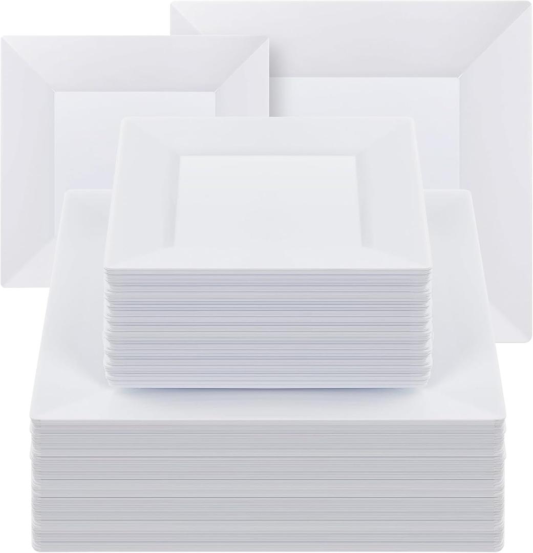 Goodluck 100 Pack Square Plastic Plates, Heavy Duty 50 Dinner Plates 9.5" and 50 Dessert Plates 6.5", Fancy Disposable Plates for Wedding, Holiday Party, Birthday, White, 100PCS
