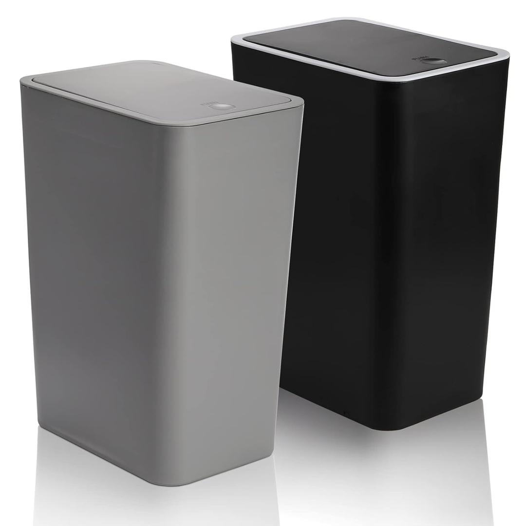 Fasmov Trash Can, 2 Pack 15 Liter / 4 Gallon Plastic Garbage Container Bin with Press Top Lid, Waste Basket for Kitchen, Bathroom, Living Room, Office, Narrow Place (Gray + Black)