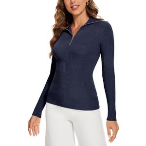 Women's 2024 Fall Quarter Zip Lapel V Neck Long Sleeve Ribbed Knit Casual Slim Pullover Sweater Tops (Blue, S)