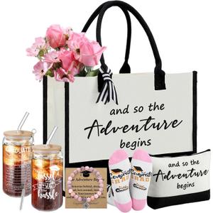 Thyle 6 Pcs Graduation Gifts for Her 2026 College Congratulations Grad Gifts for Women and So the Adventure Begins Tote Bag Makeup Bag Socks Bracelet Card Cup for Women High School Daughter Friends