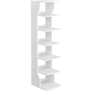 VASAGLE 7-Tier Vertical Shoe Rack, Narrow Shoe Storage Organizer with Hooks, Slim Corner Tower Shelf, Space-Saving for Entryway and Bedroom, White ULBS200T14