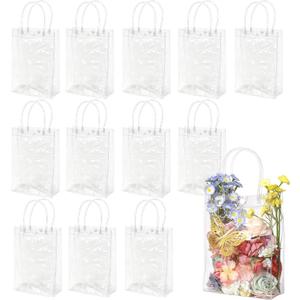 WhizToys 12 PCS Clear Gift Bags with Handles Transparent Party Favour, 9.1x6.7x2.8Inches, Clear Tote Goodie Bag Bulk PVC Plastic Bags with Handles for Father's Day Weddings Birthdays