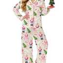 Leyajedol Women Christmas Satin Silk 2 Piece Pajama Set Button Down Santa Print Long Sleeve Pants Pjs Holiday Sleepwear (F Creamy White, M)