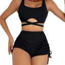 SHENHE Women's 2 Piece Swimsuit with Shorts High Waisted Ruched Boyshort Bikini Set Swimwear (Black)