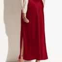 Women's Satin High Waisted Side Split Maxi Skirt Elastic Waistband Long Silk Skirts A-Line Skirts for Women (Red, L)