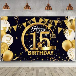 15th Birthday Party Decoration, Extra Large Fabric Black Gold Sign Poster for Anniversary Photo Booth Backdrop Background Banner, 15th Birthday Party Supplies, 72.8 x 43.3 Inch